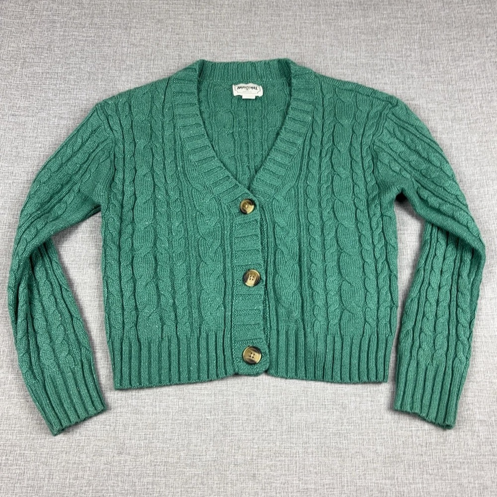 American Eagle Cardigan Sweater Womens Small Green V Neck Cable Knit Button